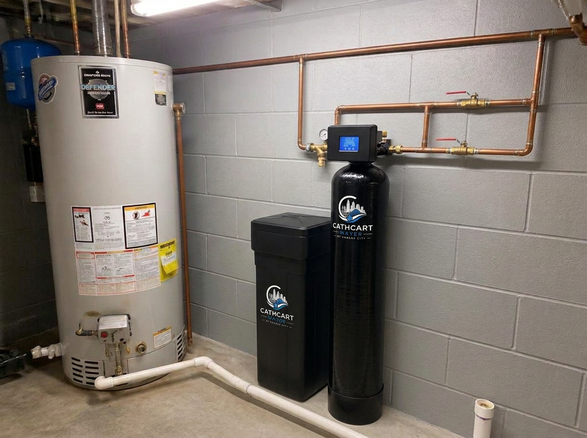Clean whole-home water filtration tank installed in utility room