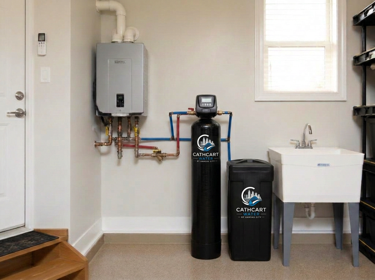 Dual tank water softener and filtration system installed in garage
